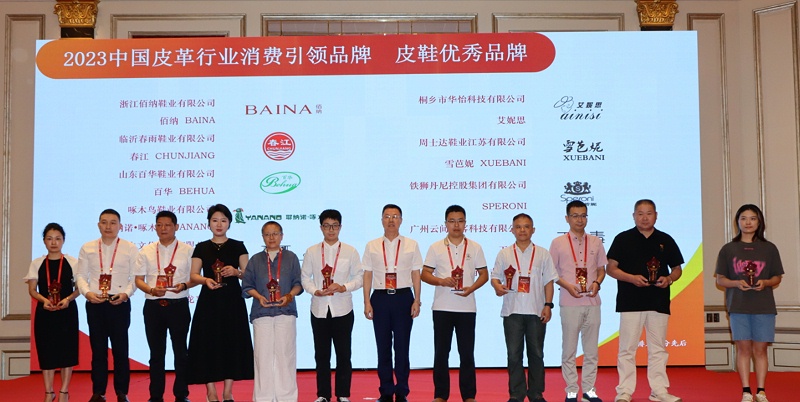 百華鞋業(yè)總經(jīng)理郭興梅上臺(tái)領(lǐng)獎(jiǎng)（左五）